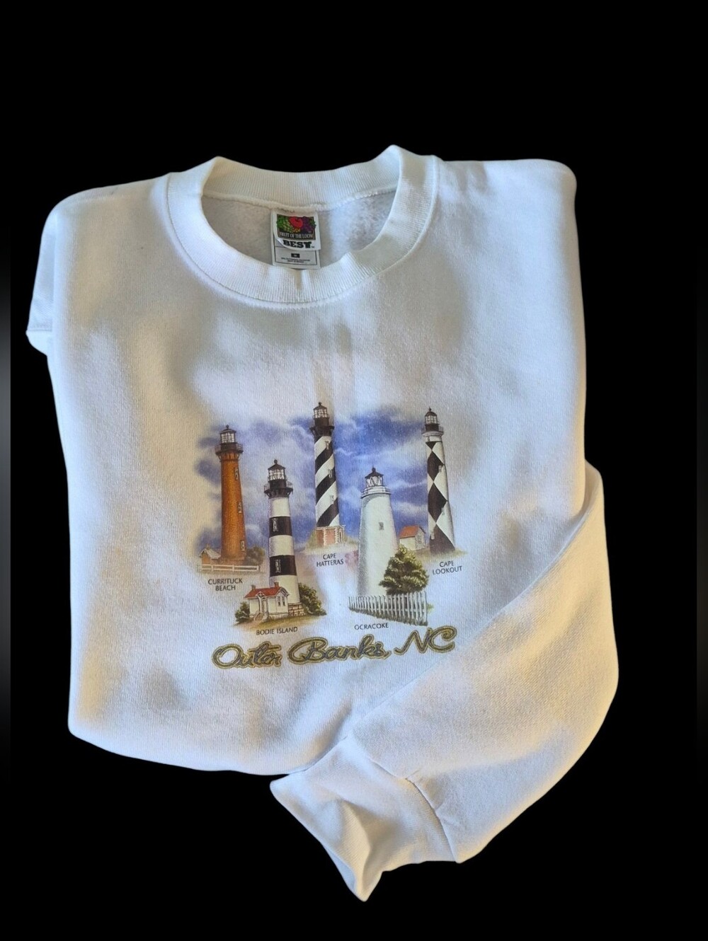 Fruit of the Loom Vintage Outer Banks NC Lighthouses Graphic Sweatshirt White XL